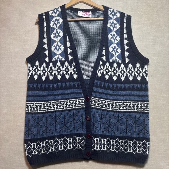 Vtg Clifton Place Knit Vest L Nordic Fair Isle Grandpa Cozy Cabincore Blue White - Picture 1 of 7